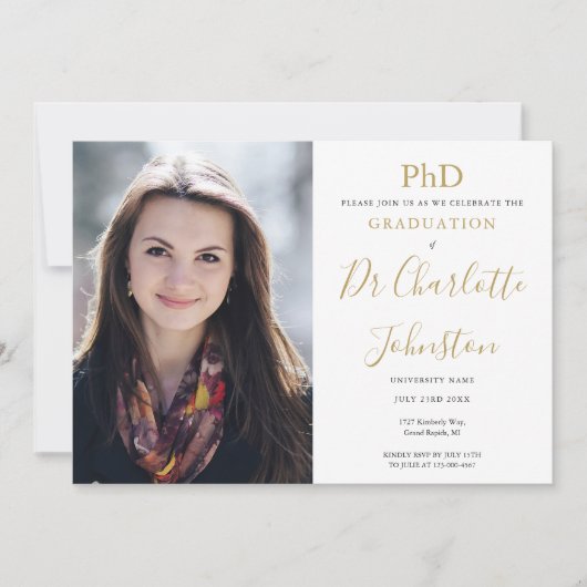 Invitation Doctorat Gold Script Graduation Party Photo (Devant)