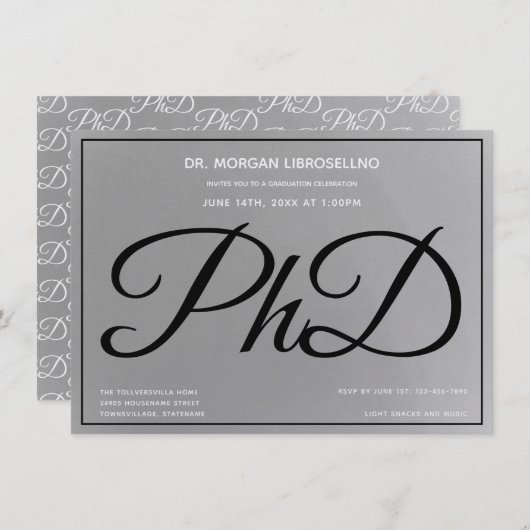 Invitation Doctorat Gray Silver Black Graduation Party (Devant / Derrière)
