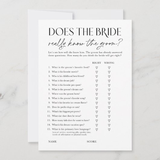 Invitation Does Bride Know the Groom? Shower Activity Card (Devant)