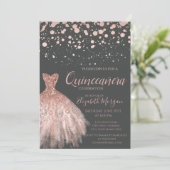 Invitation Doigts d'or Rose moderne, Robe gris Quinceañera (Debout devant)
