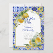 Invitation Dolce Vita Italien Bleu Carreaux Or Citrons Annive (Devant)
