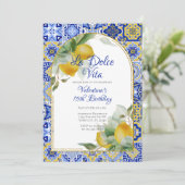 Invitation Dolce Vita Italien Bleu Carreaux Or Citrons Annive (Debout devant)