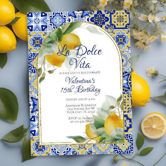 Invitation Dolce Vita Italien Bleu Carreaux Or Citrons Annive