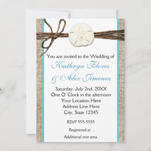 Invitation Dollar De Sable De Plage Burlap Turquoise Invitati (Devant)