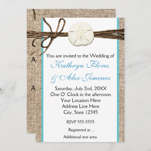 Invitation Dollar De Sable De Plage Burlap Turquoise Invitati (Devant / Derrière)