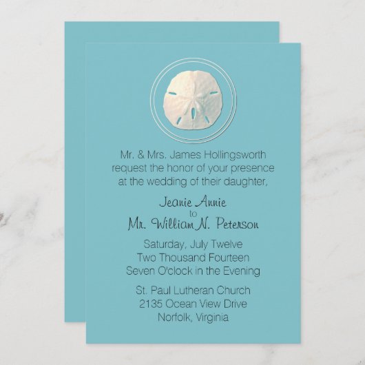 Invitation Dollar de sable turquoise et ivoire (Devant / Derrière)