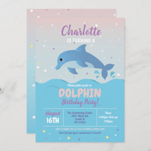 Invitation Dolphin Anniversaire Plage Filles Océan (Devant / Derrière)