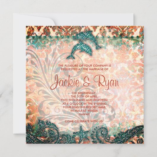 Invitation Dolphin Beach Mariage Automne Turquoise (Dos)