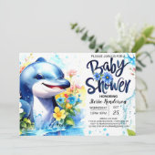 Invitation Dolphin Dance Deep Blue Boy Baby shower (Debout devant)