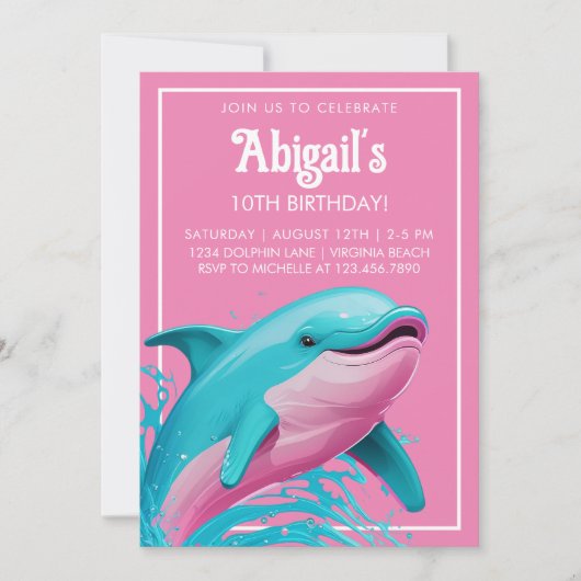 Invitation Dolphin Pink Turquoise Blue Summer Beach Pool Anni (Devant)