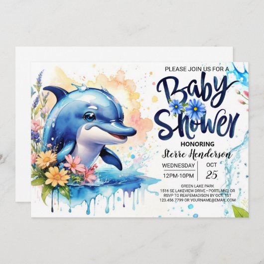 Invitation Dolphin Tails et Ocean Blooms Boy Baby shower (Devant / Derrière)