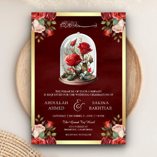Invitation Dôme en verre Rose Rouge Code QR Mariage Musulman 