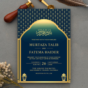 Invitation Dôme islamique Bleu Or et Lanternes Mariage Musulm