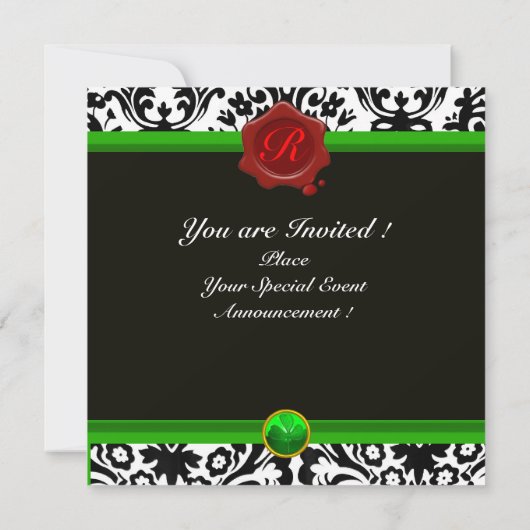 INVITATION DOMMASQUE VERT NOIR, SHAMROCK, MONOGRAMME DE SCEAU (Dos)