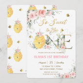 Invitation Donc doux d'être une abeille rose florale 1er anni (Devant / Derrière)