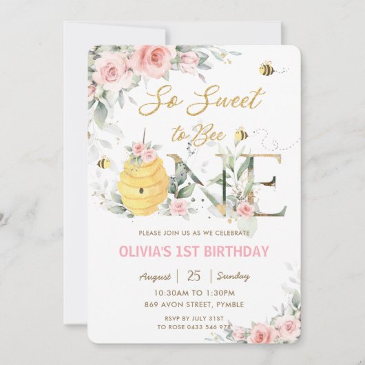 Invitation Donc doux d'être une abeille rose florale 1er anni (Devant)