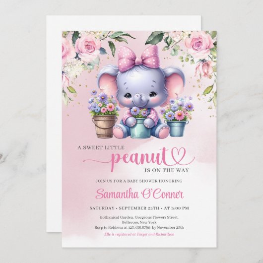 Invitation Donc mignon éléphant petit cacahuète pastel rose f (Devant / Derrière)