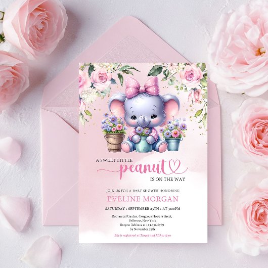 Invitation Donc mignon éléphant petit cacahuète pastel rose f