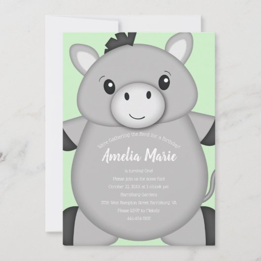 Invitation Donkey Birthday Party Green (Devant)
