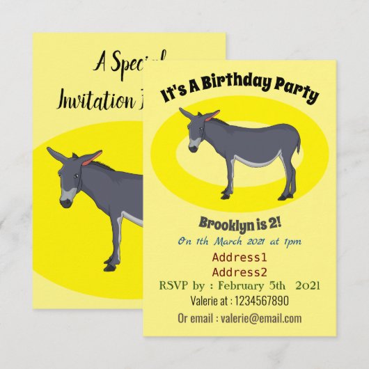 Invitation Donkey cartoon (Devant / Derrière)