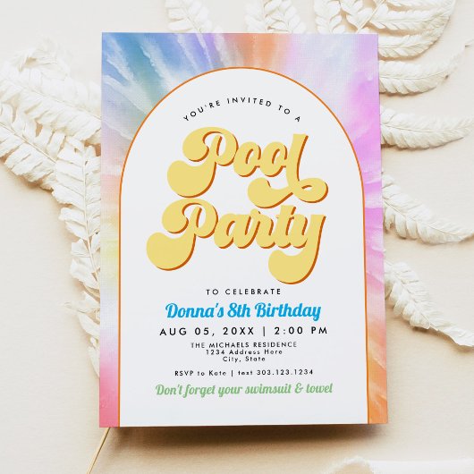 Invitation DONNA Retro Font Tie Dye Pool Party Anniversaire