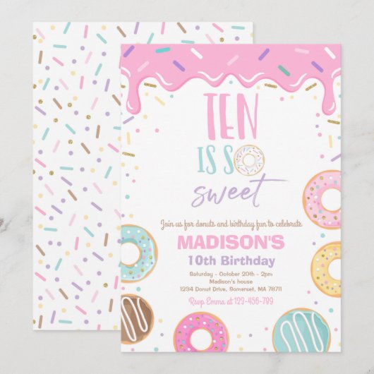 Invitation Donut 10th Birthday Party 10 is so Sweet (Devant / Derrière)