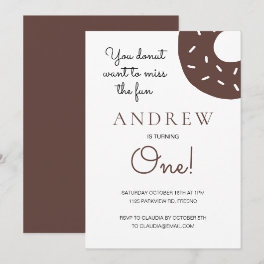 Invitation Donut au chocolat à l'âge d'un premier anniversair (Devant / Derrière)