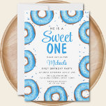 Invitation Donut Boy fête son premier anniversaire<br><div class="desc">Prévoyez-vous la première fête d'anniversaire d'un garçon ? Cette mignonne invitation à l'anniversaire est décorée de beignets bleu aquarelle et de typographie élégante. Il y a un motif de beignes à l'arrière. Facile à personnaliser. Aquarelle originale © Michele Davies.</div>