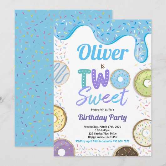 Invitation Donut Boy Two Sweet 2nd Birthday Party Blue (Devant / Derrière)