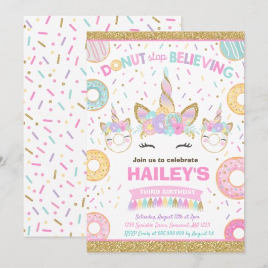 Invitation Donut Et Licorne Donut N'arrêtez Pas De (Devant / Derrière)
