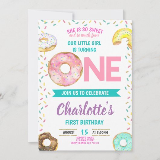 Invitation Donut First Birthday Girl Sweet Fun Cute (Devant)