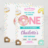 Invitation Donut First Birthday Girl Sweet Fun Cute (Devant / Derrière)