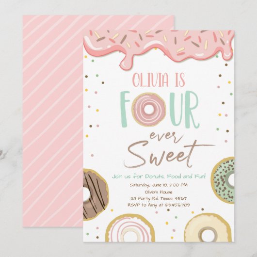 Invitation Donut Four Ever Sweet Girl 4e anniversaire (Devant / Derrière)