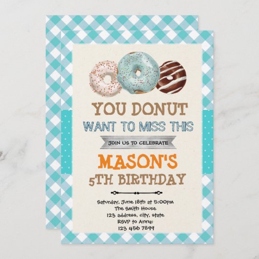 Invitation Donut garçon thème fête d'anniversaire (Devant / Derrière)