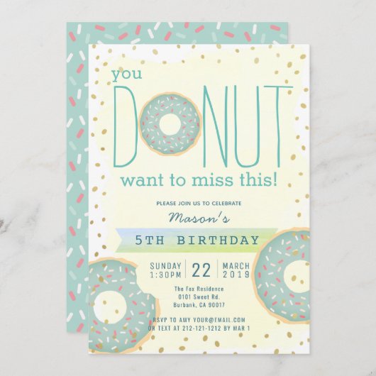 Invitation Donut Green x Gold Boy Anniversaire (Devant / Derrière)