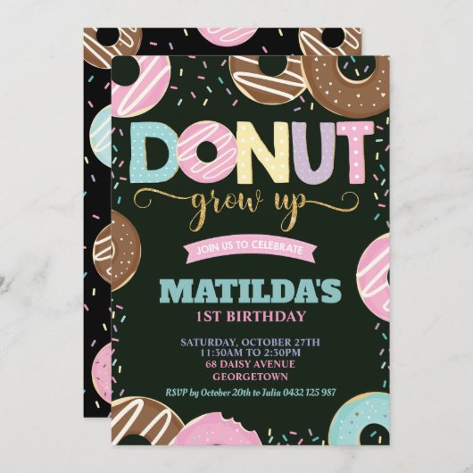 Invitation Donut Grow Up 1er anniversaire Fille Doughnut Part (Devant / Derrière)