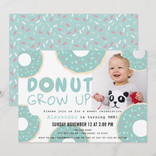 Invitation Donut Grow Up Blue Boy Photo 1er anniversaire (Devant / Derrière)