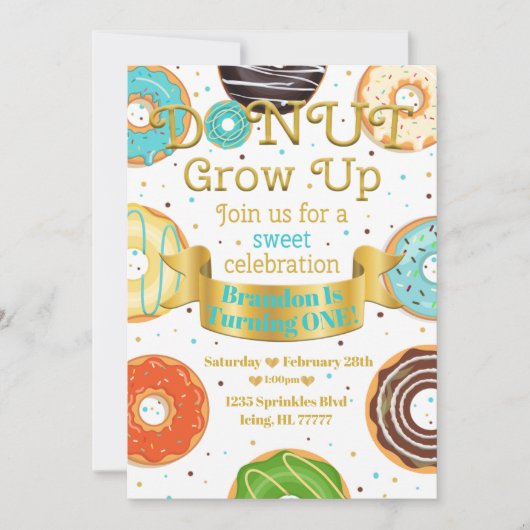 Invitation Donut Grow Up Donut Boy ou Girl Birthday Party (Devant)