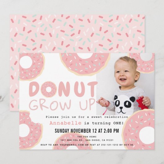 Invitation Donut Grow Up Rose Girl Photo 1er anniversaire (Devant / Derrière)
