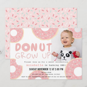 Invitation Donut Grow Up Rose Girl Photo 1er anniversaire