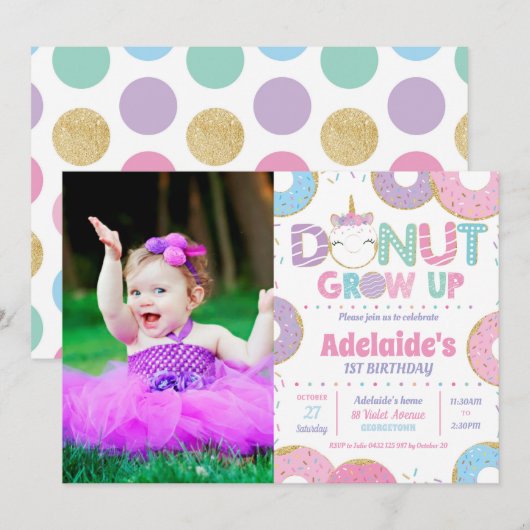 Invitation Donut Grow Up Unicorn Anniversaire Photo Invitatio (Devant / Derrière)