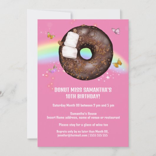 Invitation Donut magique arc-en-ciel papillon rose n'importe (Devant)