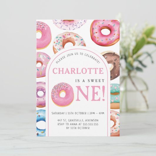 Invitation Donut Motif 1er Anniversaire fête première douce u (Debout devant)