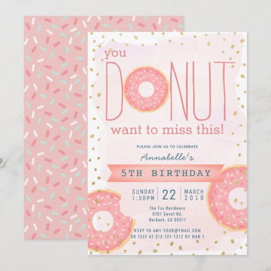 Invitation Donut Pink x Gold Girl Anniversaire (Devant / Derrière)
