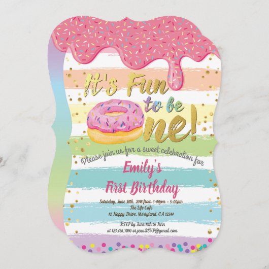 Invitation Donut première fête de 1er anniversaire pastel rai (Devant / Derrière)