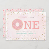 Invitation Donut rose et or fille 1er anniversaire (Devant / Derrière)