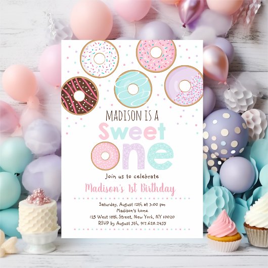 Invitation Donut rose sucré un premier anniversaire