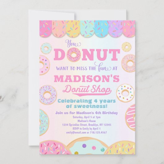 Invitation Donut Shop Rainbow Girls Donut Birthday Party (Devant)
