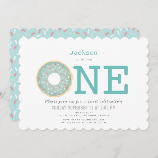 Invitation Donut Simple Mint Green Boy 1er anniversaire (Devant / Derrière)