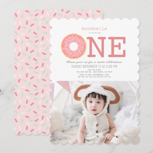 Invitation Donut Simple Rose Girl Photo 1er anniversaire (Devant / Derrière)
